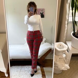 RED PLAID STRAIGHT LEG PANTS TROUSERS BLACK BLUE WHITE STRIPES ZIPPERS